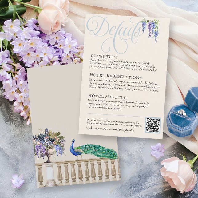 Tarjeta De Recepción Elegante Regency Peacock Garden Wedding Details (Dusty cream Regency era English French Garden wisteria floral peacock Bridgerton Wedding details)