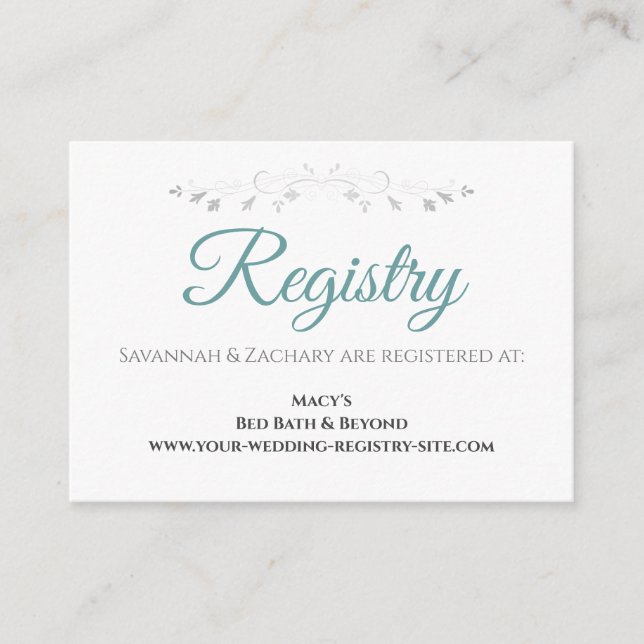 Tarjeta De Recepción Elegante registro de Boda blanco Verde azulado de  (Anverso)