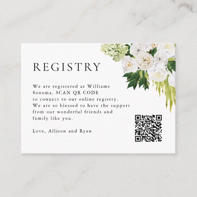 Tarjeta De Recepción Elegante Registro de Bodas botánicos de código QR (Anverso)