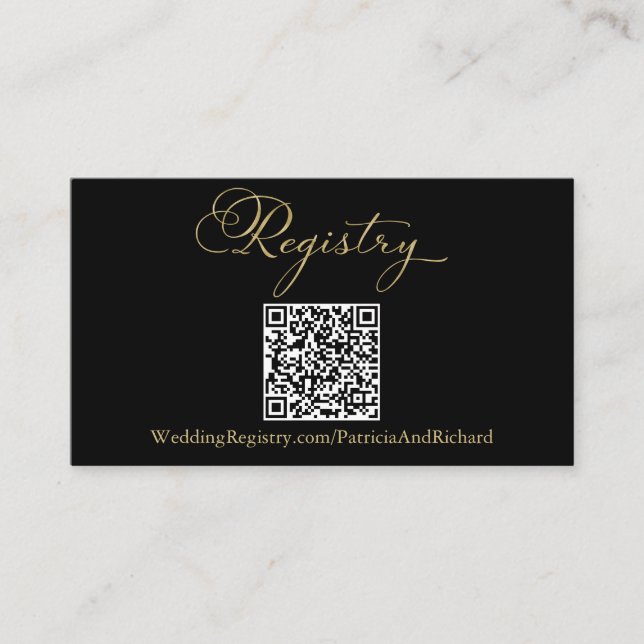 Tarjeta De Recepción Elegante Registro de Bodas de código QR de oro neg (Anverso)