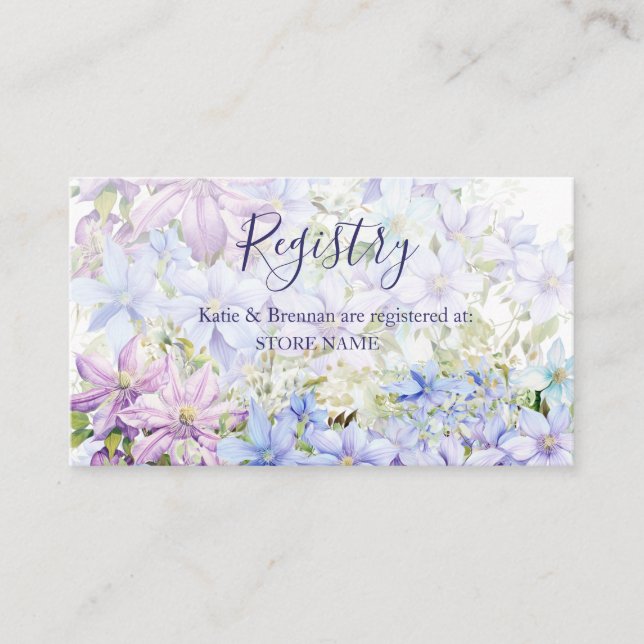 Tarjeta De Recepción Elegante Registro de Bodas de Periwinkle Clematis (Anverso)
