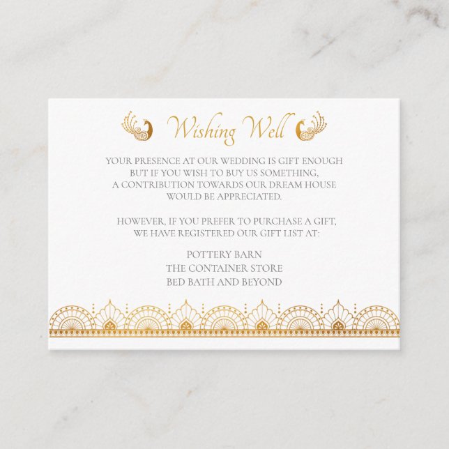 Tarjeta De Recepción Elegante registro de Bodas indios del patrón oro (Anverso)