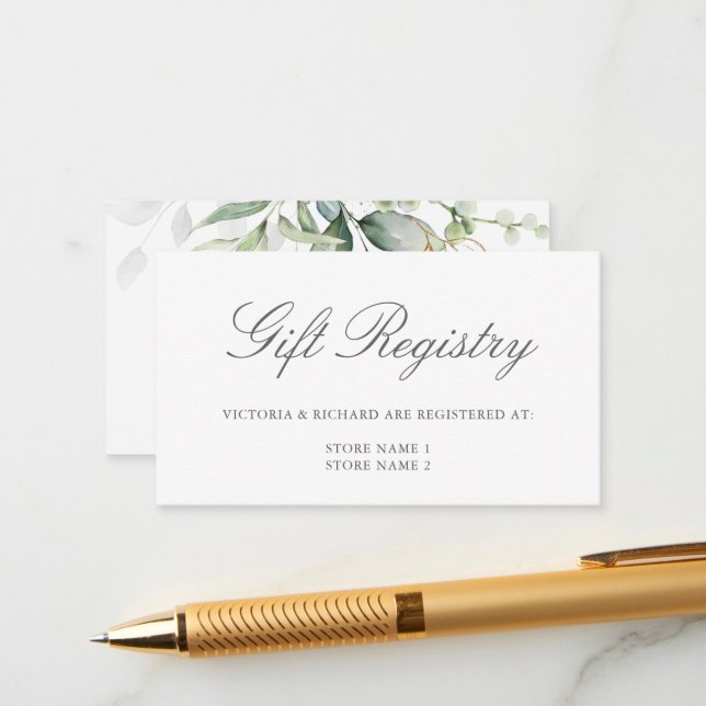 Tarjeta De Recepción Elegante Registro de Regalos de Oro Eucalyptus Gre (Anverso/Reverso In Situ)