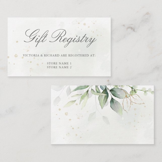 Tarjeta De Recepción Elegante Registro de Regalos de Oro Eucalyptus Gre (Anverso / Reverso)