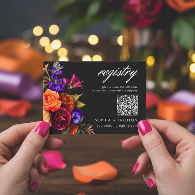 Tarjeta De Recepción Elegante registro floral de cosecha vibrante Moody (Elegant Moody Vibrant Sunset Floral Registry Enclosure Card)