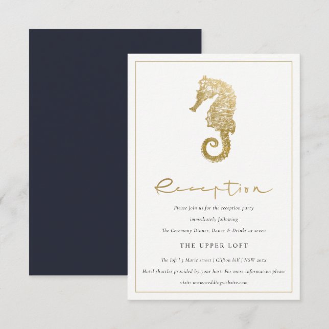 TARJETA DE RECEPCIÓN ELEGANTE RELIEVE METALIZADO DORADO NAVY SEAHORSE W (Anverso / Reverso)