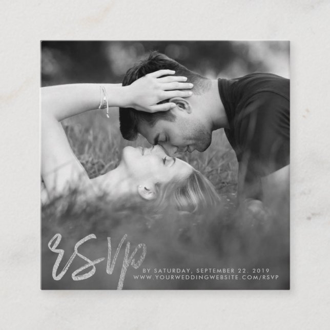 Tarjeta De Recepción Elegante Relieve metalizado plateado Script Photo  (Anverso)