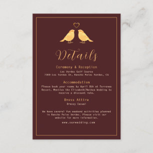 Tarjeta De Recepción Elegante rico Borgoña y Boda de Aves de Oro
