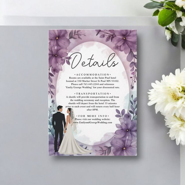 Tarjeta De Recepción Elegante Romántico Bride Groom Boda Purple Floral (Subido por el creador)