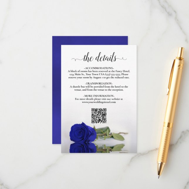 Tarjeta De Recepción Elegante Rosa azul real Boda detalles código QR (Anverso/Reverso In Situ)