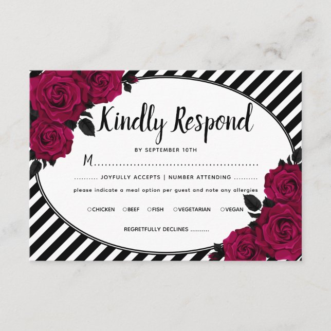 Tarjeta De Recepción Elegante Rosa Black Stripes Boda gótica RSVP (Anverso)