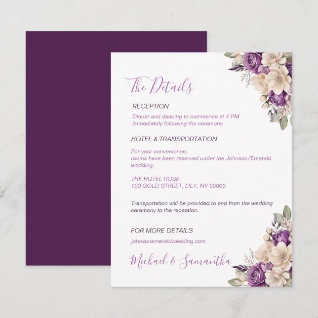 Tarjeta De Recepción Elegante Rosa Boda morado e marfil (Anverso / Reverso)