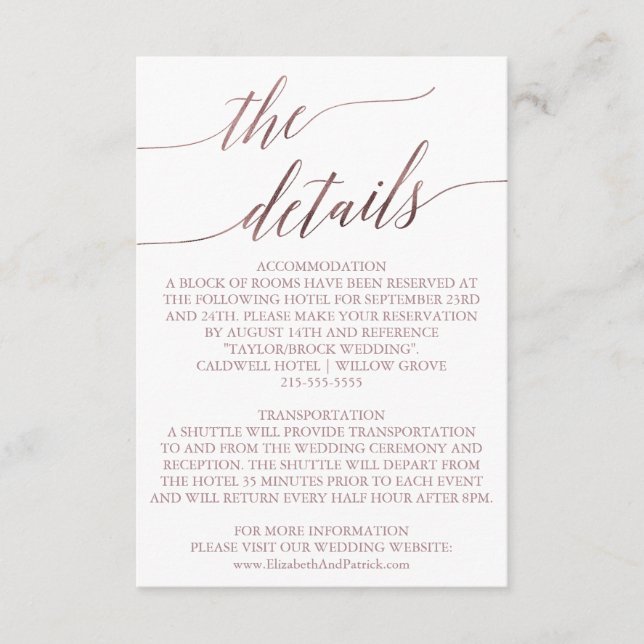 Tarjeta De Recepción Elegante Rosa de caligrafía de oro Detalles Insert (Anverso)