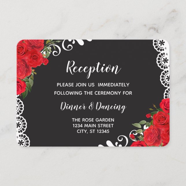 Tarjeta De Recepción Elegante Rosa Española y Encaje (rojo/negro) (Anverso)