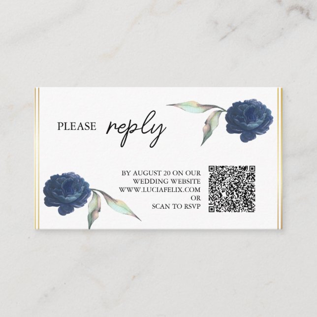 Tarjeta De Recepción Elegante Rosa floral azul de la marina RSVP (Anverso)