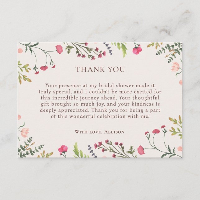 Tarjeta De Recepción Elegante rosa Floral Verde Ducha Nodal Gracias (Anverso)