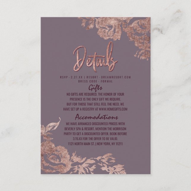 Tarjeta De Recepción Elegante Rosa Gold Floral Purple Boda Detalles (Anverso)