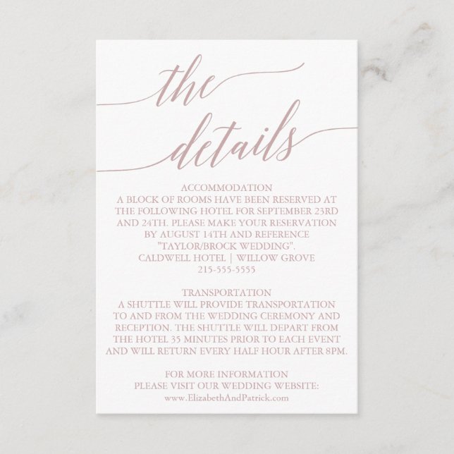 Tarjeta De Recepción Elegante Rosa Quartz Calligraphy Details Card (Anverso)