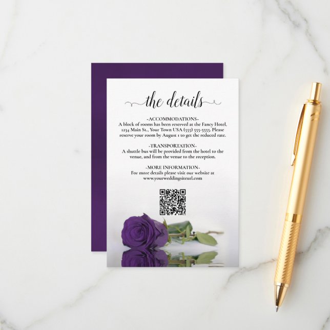 Tarjeta De Recepción Elegante Rosa real morado Boda detalles código QR (Anverso/Reverso In Situ)
