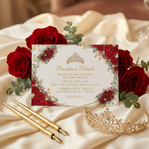 Tarjeta De Recepción Elegante Rosa Roja Mariposas Doradas Quinceañera 