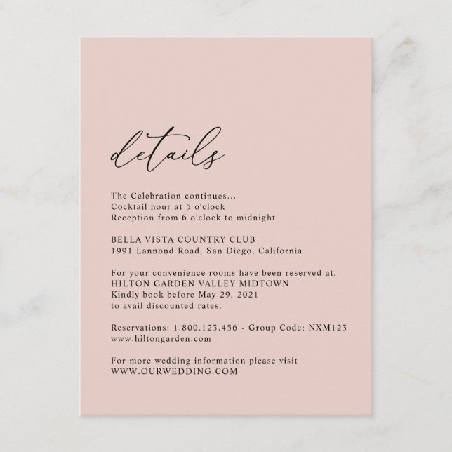 Tarjeta De Recepción Elegante Rosa sencillo y turbio detalles del Boda (Anverso)