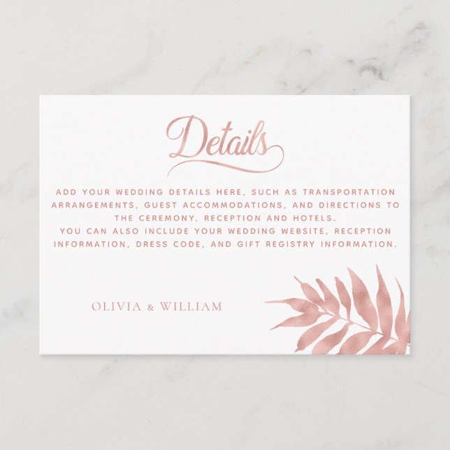 Tarjeta De Recepción Elegante Rosa tropical dorado Boda blanco detalles (Anverso)