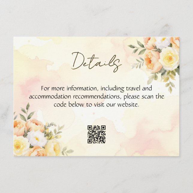 Tarjeta De Recepción Elegante Rosas Rústicos Código QR Boda de acuarela (Anverso)