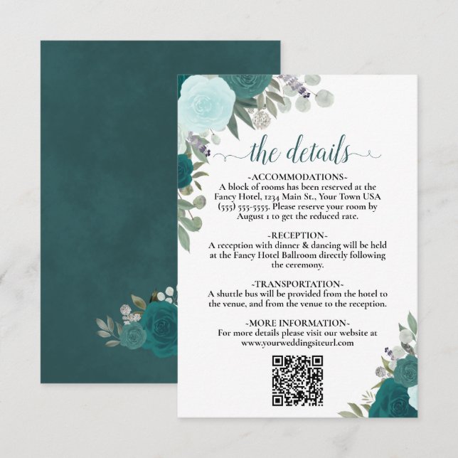 Tarjeta De Recepción Elegante Rosas Verde azulados y Aqua Boda Detalles (Anverso / Reverso)