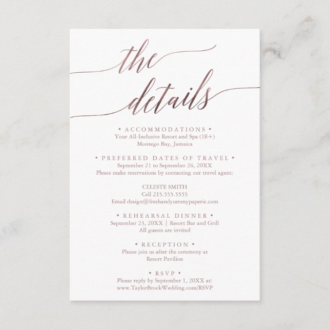Tarjeta De Recepción Elegante RoseGold Destino Boda de Viaje Detalle (Anverso)