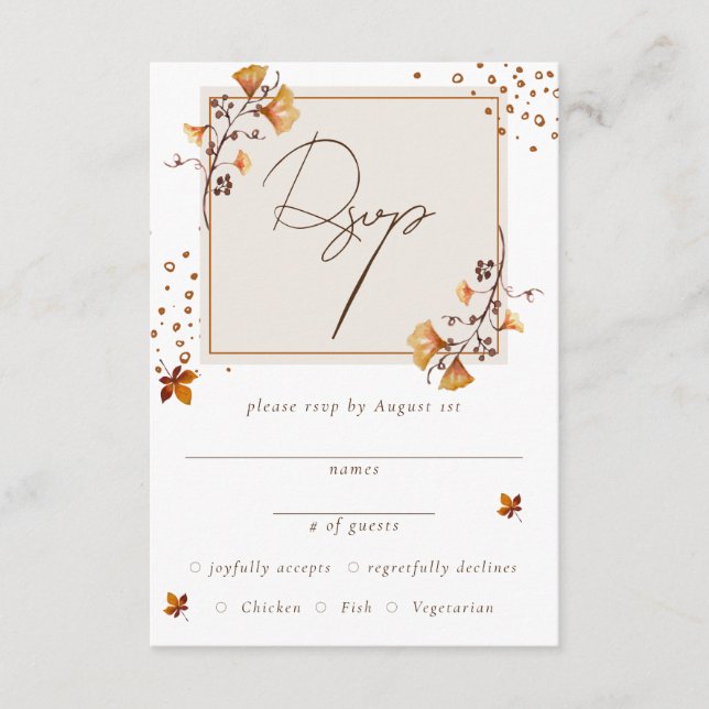 Tarjeta De Recepción Elegante RSVP de Hoja de Otoño Dorada (Anverso)