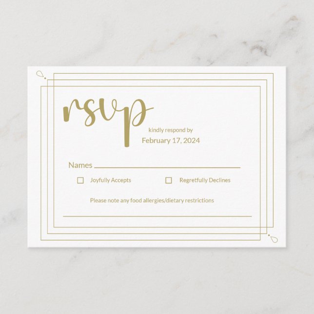 Tarjeta De Recepción Elegante RSVP de Oro y Boda Blanca (Anverso)