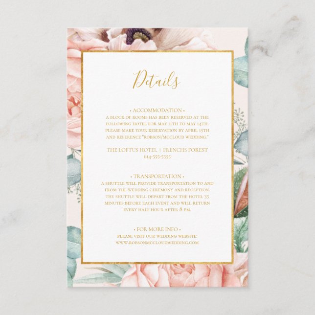 Tarjeta De Recepción Elegante Rubor Floral Garden | Detalles del Pastel (Anverso)