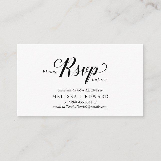 Tarjeta De Recepción Elegante Rustic, Black Script, RSVP responde, Resp (Anverso)