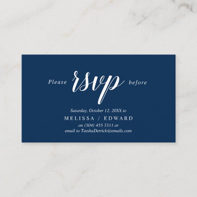 Tarjeta De Recepción Elegante Rústico, Azul marino, RSVP responden, Res (Anverso)