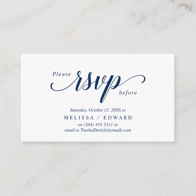 Tarjeta De Recepción Elegante Rústico, Azul marino, RSVP responden, Res (Anverso)
