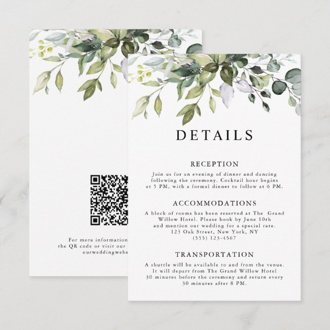 Tarjeta De Recepción Elegante Rústico Código QR Hojas de Eucalipto Boda (Anverso / Reverso)