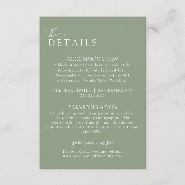 Tarjeta De Recepción Elegante Sage Green Boho Detalles del Boda moderno (Anverso)