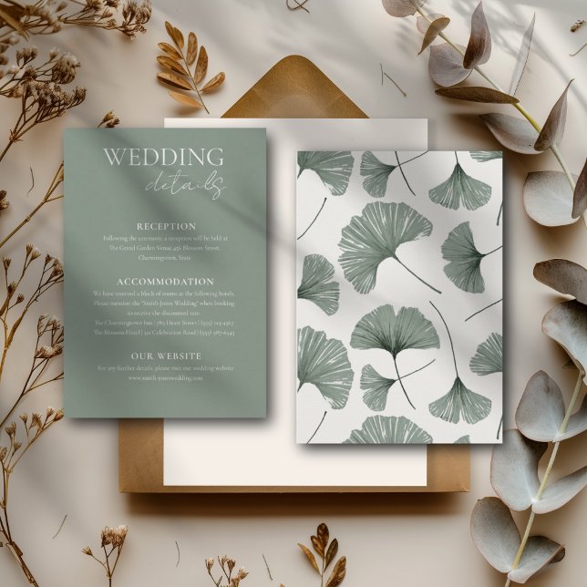 Tarjeta De Recepción Elegante Sage Green Ginkgo Leaf Bodas Detalles (Subido por el creador)