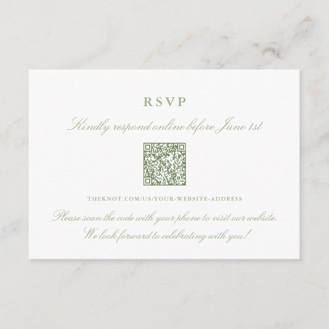 Tarjeta De Recepción Elegante Sage Green Online RSVP Código QR (Anverso)