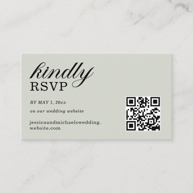 Tarjeta De Recepción Elegante Sage Green RSVP Sitio Web Código QR (Anverso)