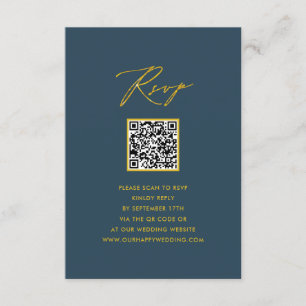 Tarjeta De Recepción Elegante Script Azul Minimalista QR Wedding RSVP