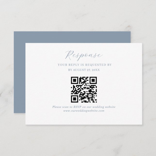 Tarjeta De Recepción Elegante Script Dusty Azul Boda QR Código Rsvp (Anverso / Reverso)