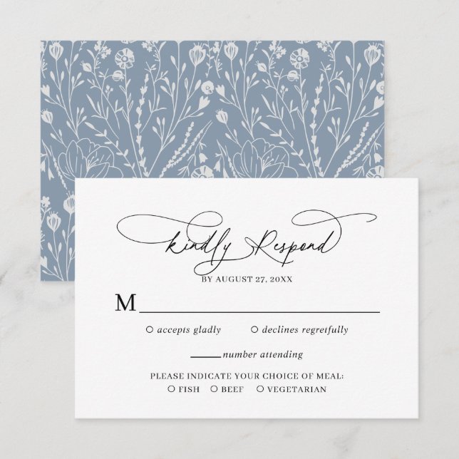 Tarjeta De Recepción Elegante Script Floral Dusty Blue Wedding Rsvp (Anverso / Reverso)