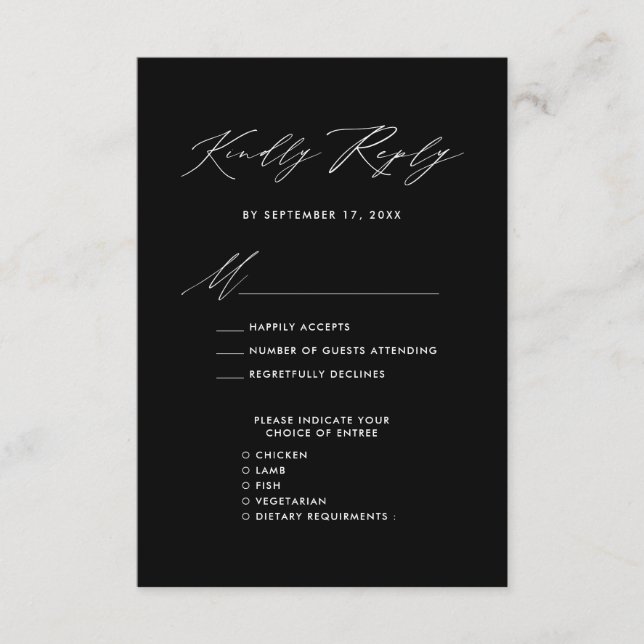 Tarjeta De Recepción Elegante Script Moderno Black Simple Wedding RSVP (Anverso)