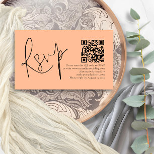 Tarjeta De Recepción Elegante Script Peach QR Boda de código RSVP