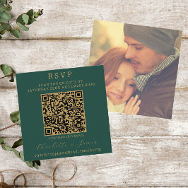 Tarjeta De Recepción Elegante Script Photo QR Gold Y Green RSVP