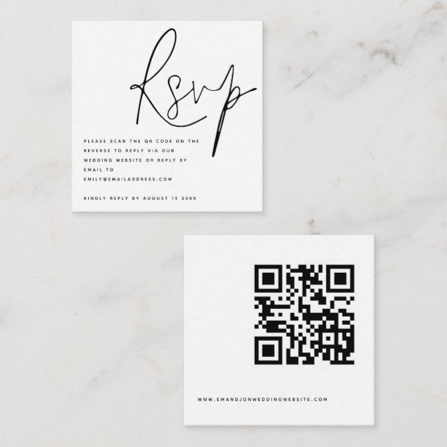 Tarjeta De Recepción Elegante Script QR Boda de código RSVP (Anverso / Reverso)