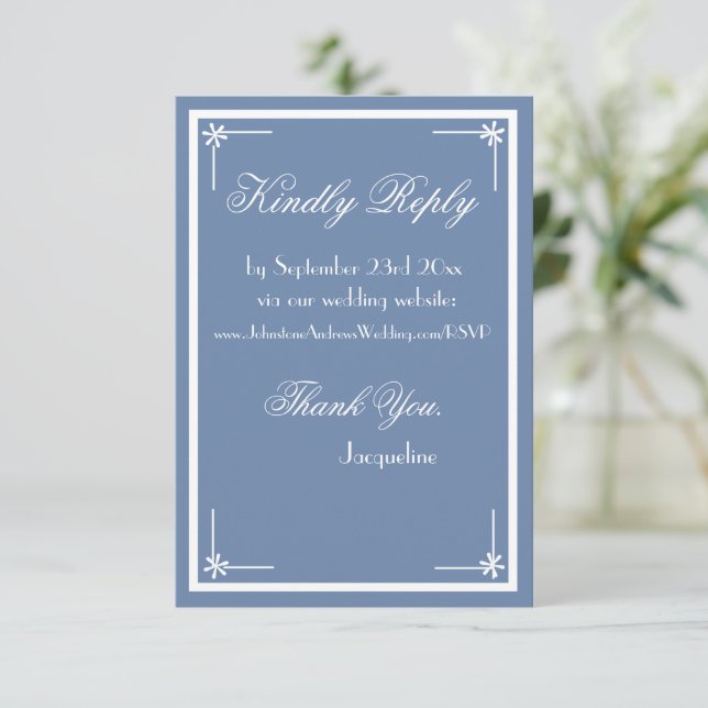 Tarjeta De Recepción Elegante sitio web de boda de guiones azules polvo (Anverso de pie)