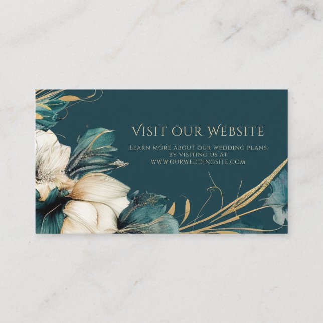 Tarjeta De Recepción Elegante sitio web de Boda de oro Verde azulado fl (Anverso)