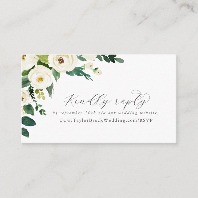 Tarjeta De Recepción Elegante sitio web de Boda floral blanco RSVP (Anverso)